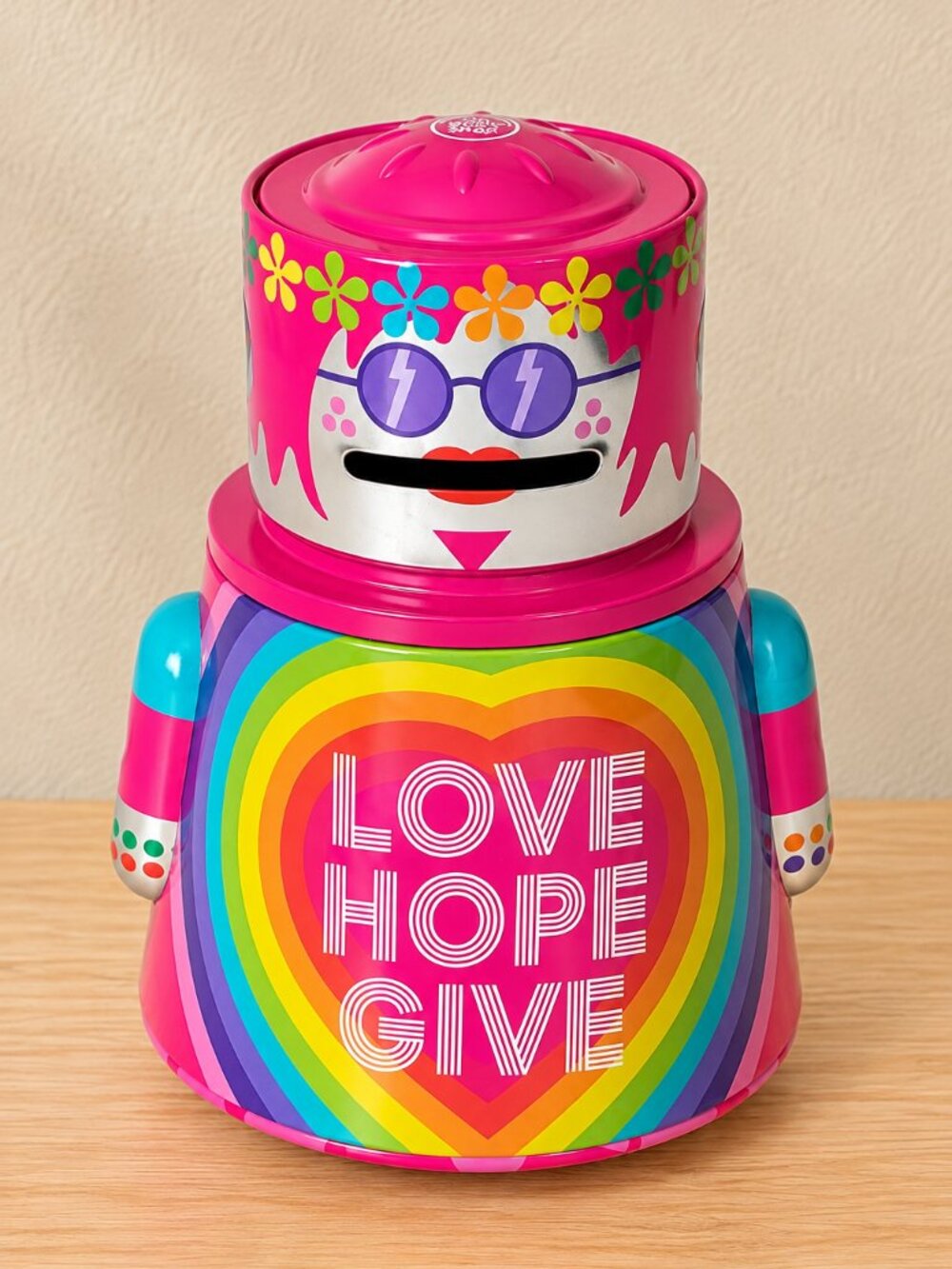 The Body Shop Love Hope Give Robot Tin Bank Pink Rainbow Floral Kitsch 7.5"